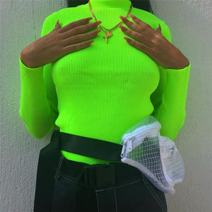 2019 Autumn Winter Neon Color Ribbed T Shirt Women Long Sleeve Turtleneck Tshirt Fashion Knitted Tops Tee Femme