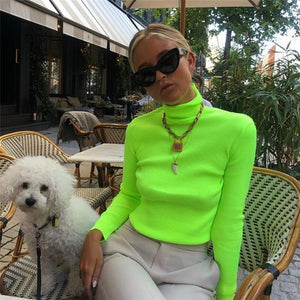 2019 Autumn Winter Neon Color Ribbed T Shirt Women Long Sleeve Turtleneck Tshirt Fashion Knitted Tops Tee Femme