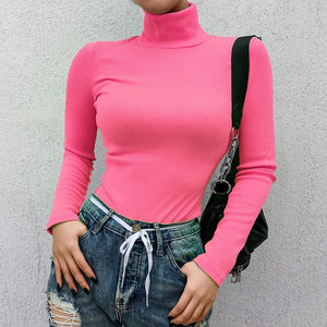 2019 Autumn Winter Neon Color Ribbed T Shirt Women Long Sleeve Turtleneck Tshirt Fashion Knitted Tops Tee Femme