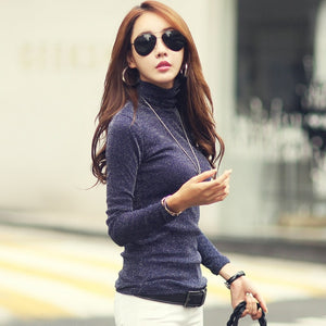 2019 Autumn Winter Female T-shirt Fashion Shirt Solid Women Long Sleeve Turtleneck Bright Wire Basic Casual Top Tees Elasticity