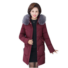 Load image into Gallery viewer, Mom winter parka coat women gray black wine red hooded warmth clothing