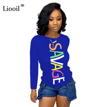 Load image into Gallery viewer, Liooil Black White Letter Print Top T Shirt Women Fall Clothing 2019 Winter Long Sleeve O Neck Blue Tight Tee Womens Tshirt Tops