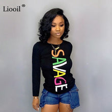 Load image into Gallery viewer, Liooil Black White Letter Print Top T Shirt Women Fall Clothing 2019 Winter Long Sleeve O Neck Blue Tight Tee Womens Tshirt Tops