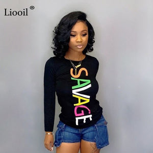 Liooil Black White Letter Print Top T Shirt Women Fall Clothing 2019 Winter Long Sleeve O Neck Blue Tight Tee Womens Tshirt Tops