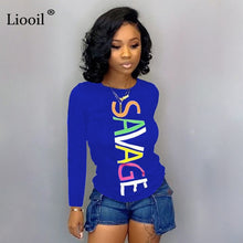 Load image into Gallery viewer, Liooil Black White Letter Print Top T Shirt Women Fall Clothing 2019 Winter Long Sleeve O Neck Blue Tight Tee Womens Tshirt Tops