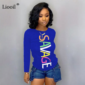 Liooil Black White Letter Print Top T Shirt Women Fall Clothing 2019 Winter Long Sleeve O Neck Blue Tight Tee Womens Tshirt Tops