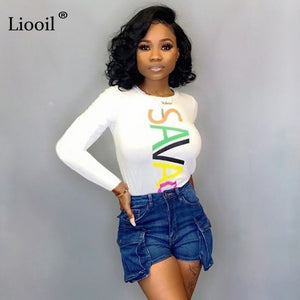 Liooil Black White Letter Print Top T Shirt Women Fall Clothing 2019 Winter Long Sleeve O Neck Blue Tight Tee Womens Tshirt Tops